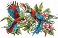Red and Green Macaw flying away surrounded by tropical flowers heliconia, ginger, palm leaves. fiery throated hummingbi  tattoo design idea