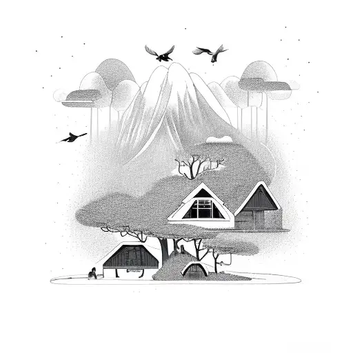 Family of two kids under roof of house full of love and happiness with mountain and birds ubove, trees under  tattoo design idea