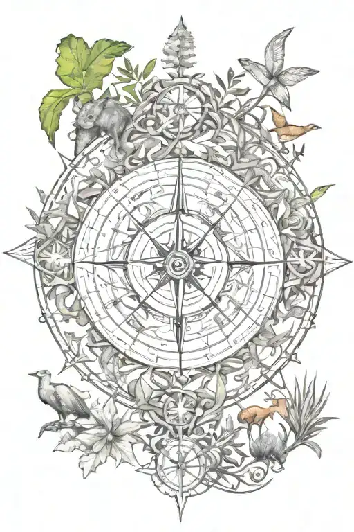 An intricate design of a compass rose surrounded by native Australian animals and plants, symbolizing the explorer's spi tattoo design idea