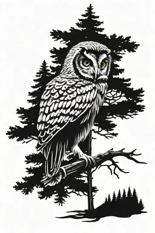 Pine tree forest scene with a hidden owl perched tattoo design idea