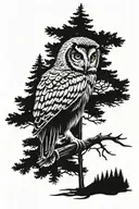 Pine tree forest scene with a hidden owl perched tattoo design idea