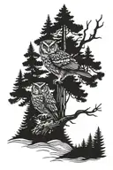 Pine tree forest scene with a hidden owl perched tattoo design idea