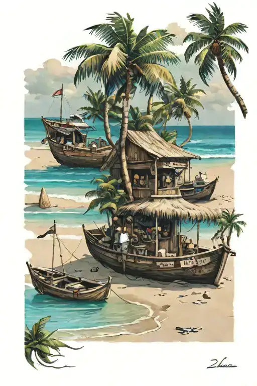 three boats in the water with a beach with a tiki bar and two siloihettes sitting at the bar with a bottle in the sand tattoo design idea