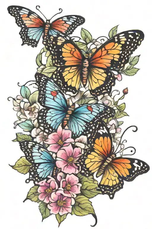 3 butterflies surrounded by bright flowers tattoo design idea