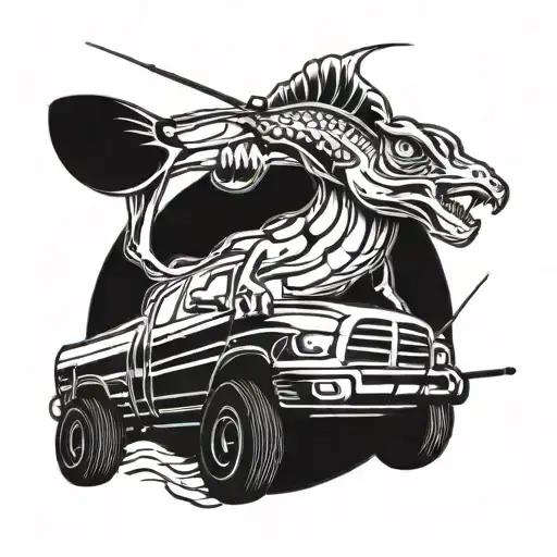 dodge ram logo with a fishing pole and a ride sticking out from behind it tattoo design idea