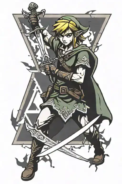 Link holding a sword with blood at the tip and a Triforce logo behind him tattoo design idea