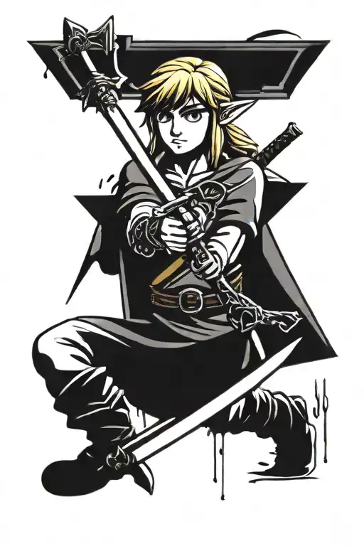 Link holding a sword with blood at the tip and a Triforce logo behind him tattoo design idea