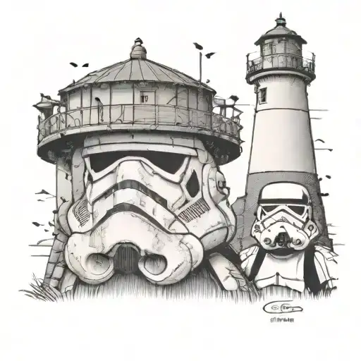 A dotwork illustration of a stormtrooper guarding a lighthouse, showcasing the client's devotion to Star Wars and lighthouses with a modern twist tattoo design idea