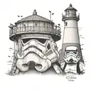 A dotwork illustration of a stormtrooper guarding a lighthouse, showcasing the client's devotion to Star Wars and lighthouses with a modern twist tattoo design idea