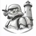 A dotwork illustration of a stormtrooper guarding a lighthouse, showcasing the client's devotion to Star Wars and lighthouses with a modern twist tattoo design idea