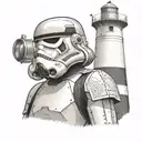 A dotwork illustration of a stormtrooper guarding a lighthouse, showcasing the client's devotion to Star Wars and lighthouses with a modern twist tattoo design idea