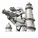A dotwork illustration of a stormtrooper guarding a lighthouse, showcasing the client's devotion to Star Wars and lighthouses with a modern twist tattoo design idea