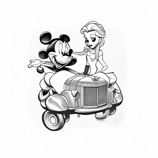 Elsa and Mickey Mouse riding in a vintage car together tattoo design idea