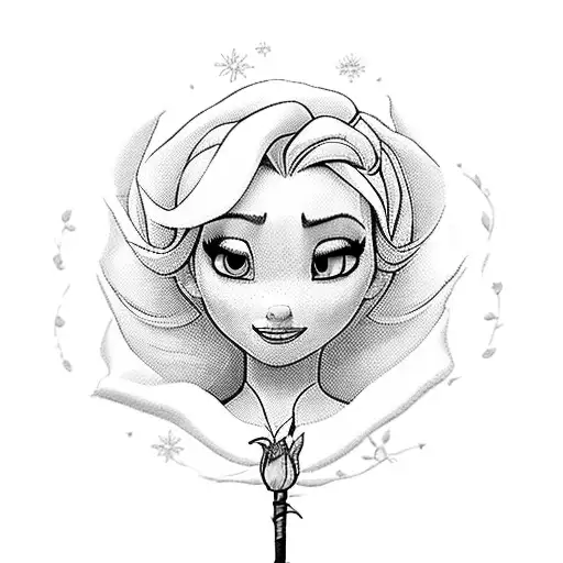 A black and grey portrait of Elsa with a red rose in her hand tattoo design idea