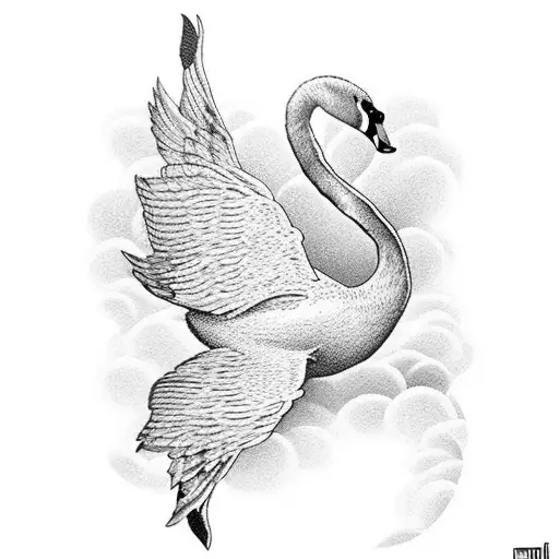 A majestic black and grey or dotwork tattoo of a graceful swan swimming in a serene lake surrounded by cherry blossom trees. tattoo design idea