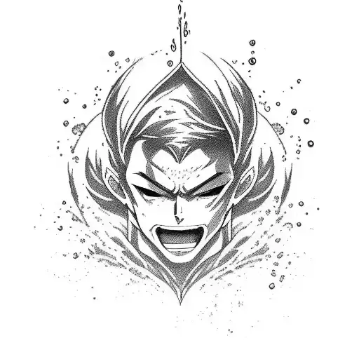 A dynamic blackwork or sketch style tattoo featuring a powerful anime character diving into a pool with water splashing around them. tattoo design idea