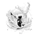 A dynamic blackwork or sketch style tattoo featuring a powerful anime character diving into a pool with water splashing around them. tattoo design idea
