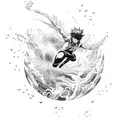 A dynamic blackwork or sketch style tattoo featuring a powerful anime character diving into a pool with water splashing around them. tattoo design idea