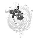 A dynamic blackwork or sketch style tattoo featuring a powerful anime character diving into a pool with water splashing around them. tattoo design idea