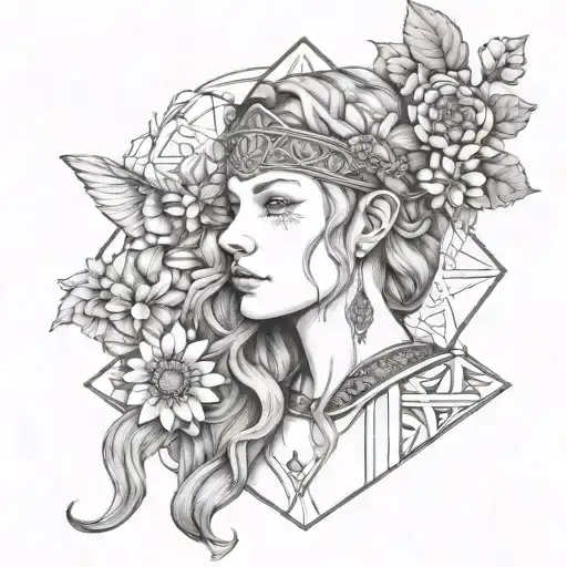 front shot of freya norse goddes wearing a headband with norse rune for freya with daisies in the background tattoo design idea