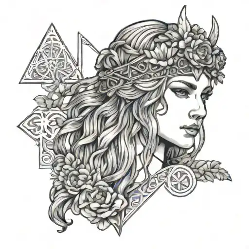front shot of freya norse goddes wearing a headband with norse rune for freya with daisies in the background tattoo design idea