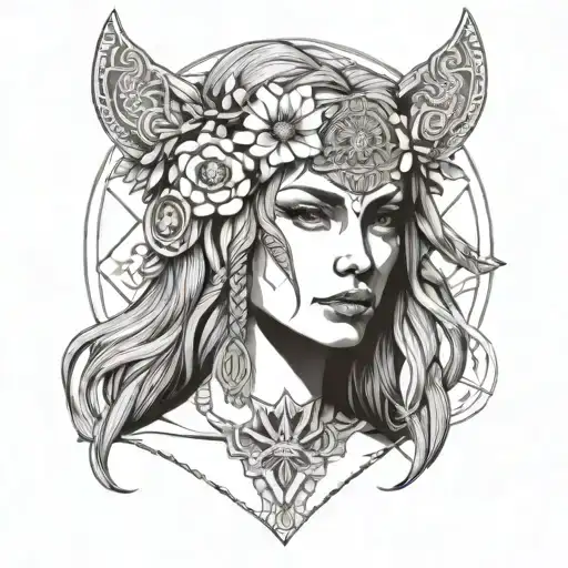 front shot of freya norse goddes with daisy flowers wearing a headband with norse rune for freya tattoo design idea