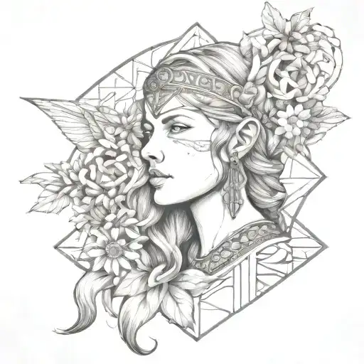 front on view of freya norse goddes wearing a headband with norse rune for freya with daisies in the background tattoo design idea