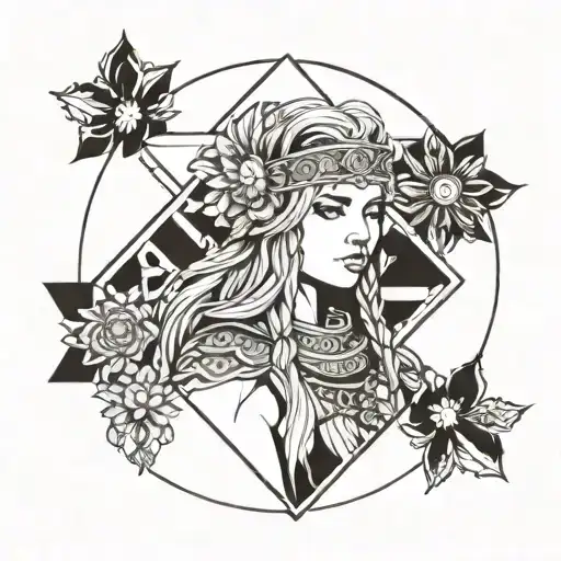 front on view of freya norse goddes wearing a headband with norse rune for freya with daisies in the background tattoo design idea