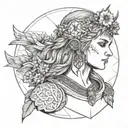 front shot of freya norse goddes wearing a headband with norse rune for freya with daisies in the background tattoo design idea