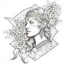 front on view of freya norse goddes wearing a headband with norse rune for freya with daisies in the background tattoo design idea
