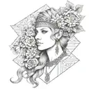 front on view of freya norse goddes wearing a headband with norse rune for freya with daisies in the background tattoo design idea