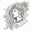 front on view of freya norse goddes wearing a headband with norse rune for freya with daisies in the background tattoo design idea