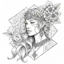 front on view of freya norse goddes wearing a headband with norse rune for freya with daisies in the background tattoo design idea