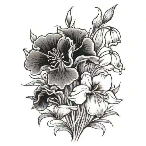 carnations and snowdrops and large sweet pea flower tattoo design idea