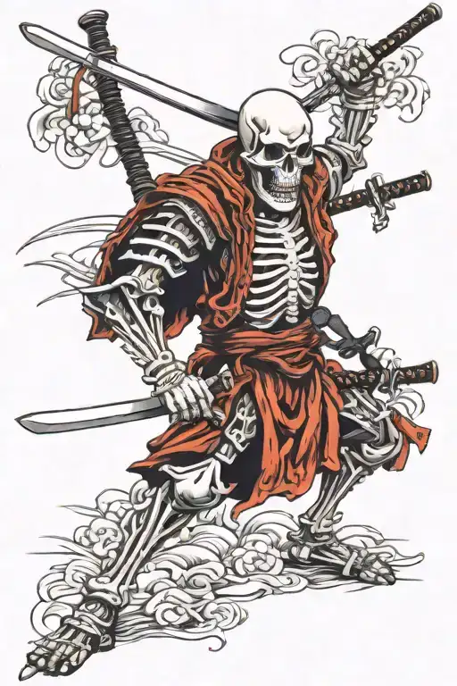 samurai skeleton with katana swords drawn tattoo design idea