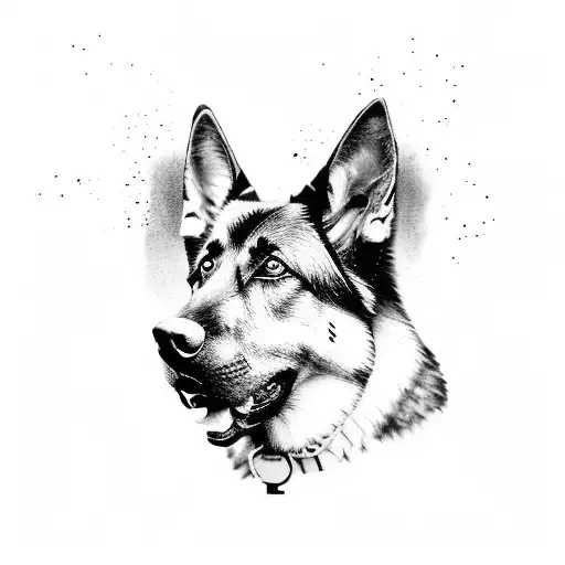A powerful black and grey portrait of a working german shepherd, paying homage to the client's occupation as a workman tattoo design idea