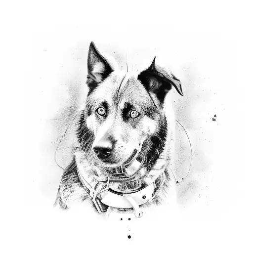A powerful black and grey portrait of a working dog, paying homage to the client's occupation as a workman tattoo design idea