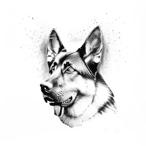 A powerful black and grey portrait of a working german shepherd, paying homage to the client's occupation as a workman tattoo design idea