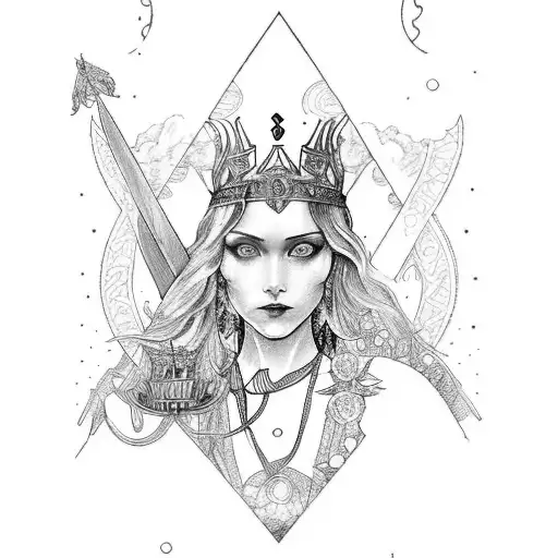An intricate black and grey tarot card design with full body Queen of Swords surrounded by nature elements. art nouveau  tattoo design idea