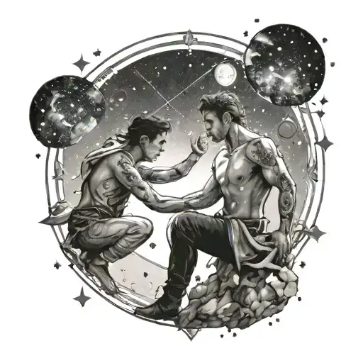 a man and a child showing a starry sky with the constellations of Sagittarius, Aries and Libra tattoo design idea
