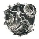 a man and a child showing a starry sky with the constellations of Sagittarius, Aries and Libra tattoo design idea