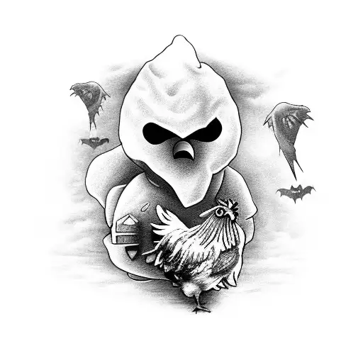 A spooky Halloween scene with a black and grey haunted spaceship and chickens dressed in costumes tattoo design idea