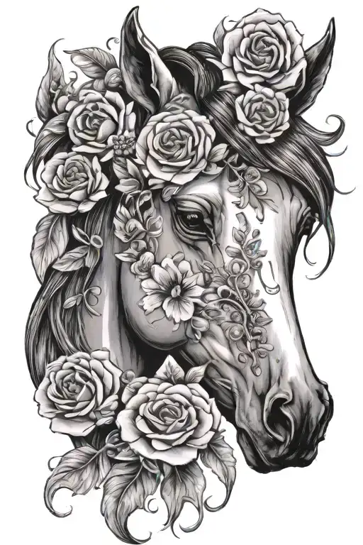 horse head and flowers blooming tattoo design idea