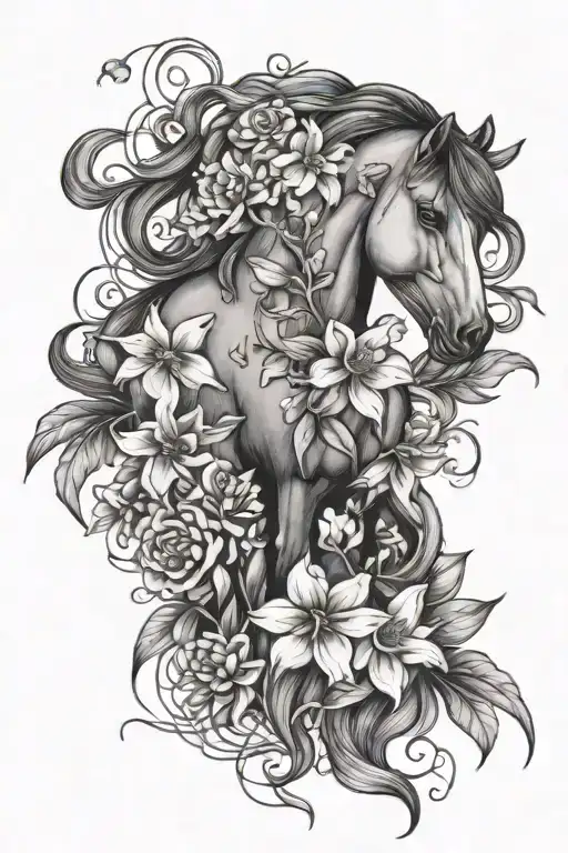 Horse Carnation daffodils lily of the valley honeysuckle water lily poppy aster tattoo design idea