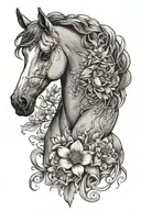 Horse Carnation daffodils lily of the valley honeysuckle water lily poppy aster tattoo design idea