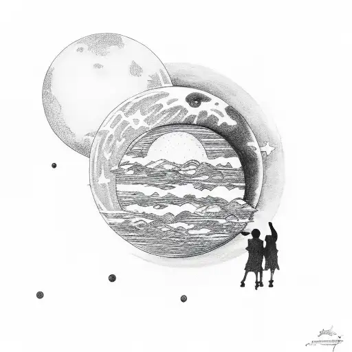 longing child with rising sun, our moon and planet Jupiter with one moon tattoo design idea