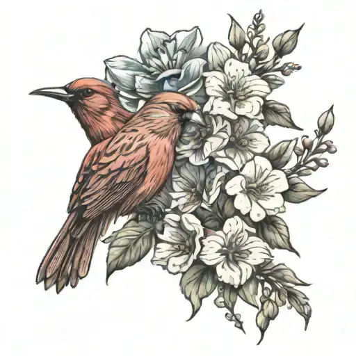 cardinal and hummingbird with flowers growing tattoo design idea