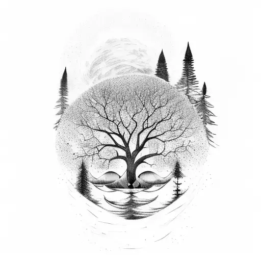 A mystical forest with a moonlit sky, stars, and a tree formed by flowing water and yoga poses tattoo design idea