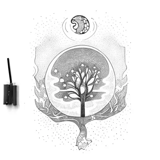 A mystical forest with a moonlit sky, stars, and a tree formed by flowing water and yoga poses tattoo design idea