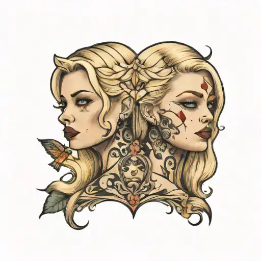 tattoo of a blonde woman with her face cut in two, one happy side and the other sad tattoo design idea